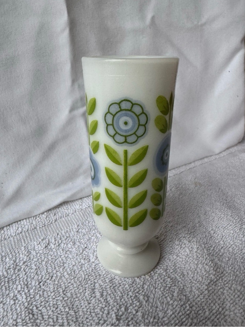 White Glass Vase with Green and Light Blue Floral Motif